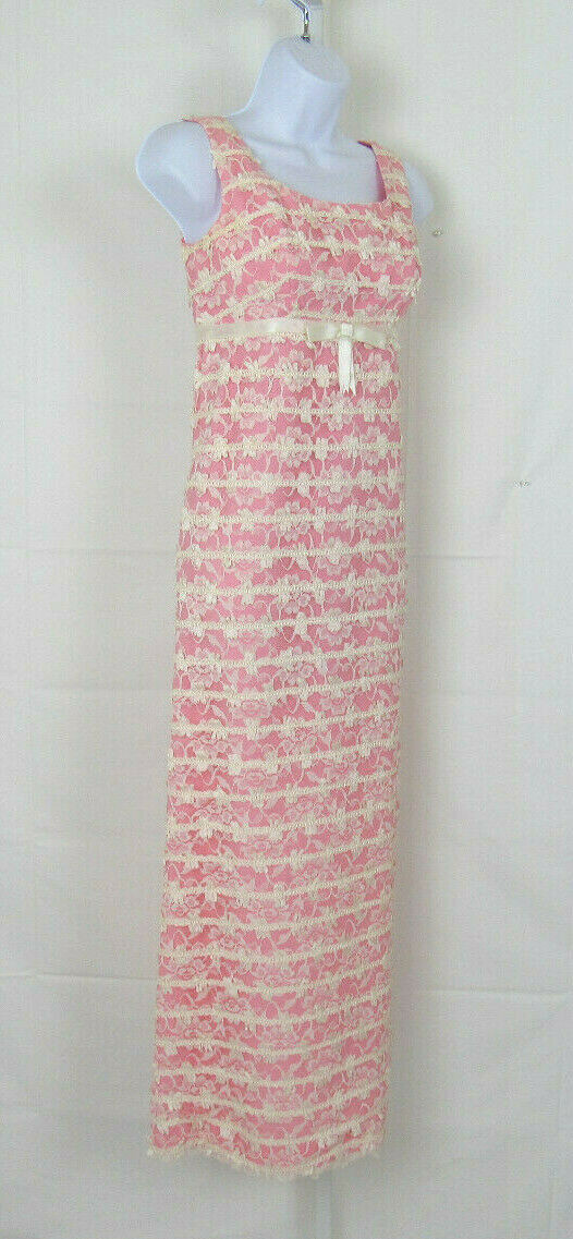 VTG 1950s REICH ORIGINALS MAXI DRESS PINK WHITE LACE MESH BOWS SLEEVELESS