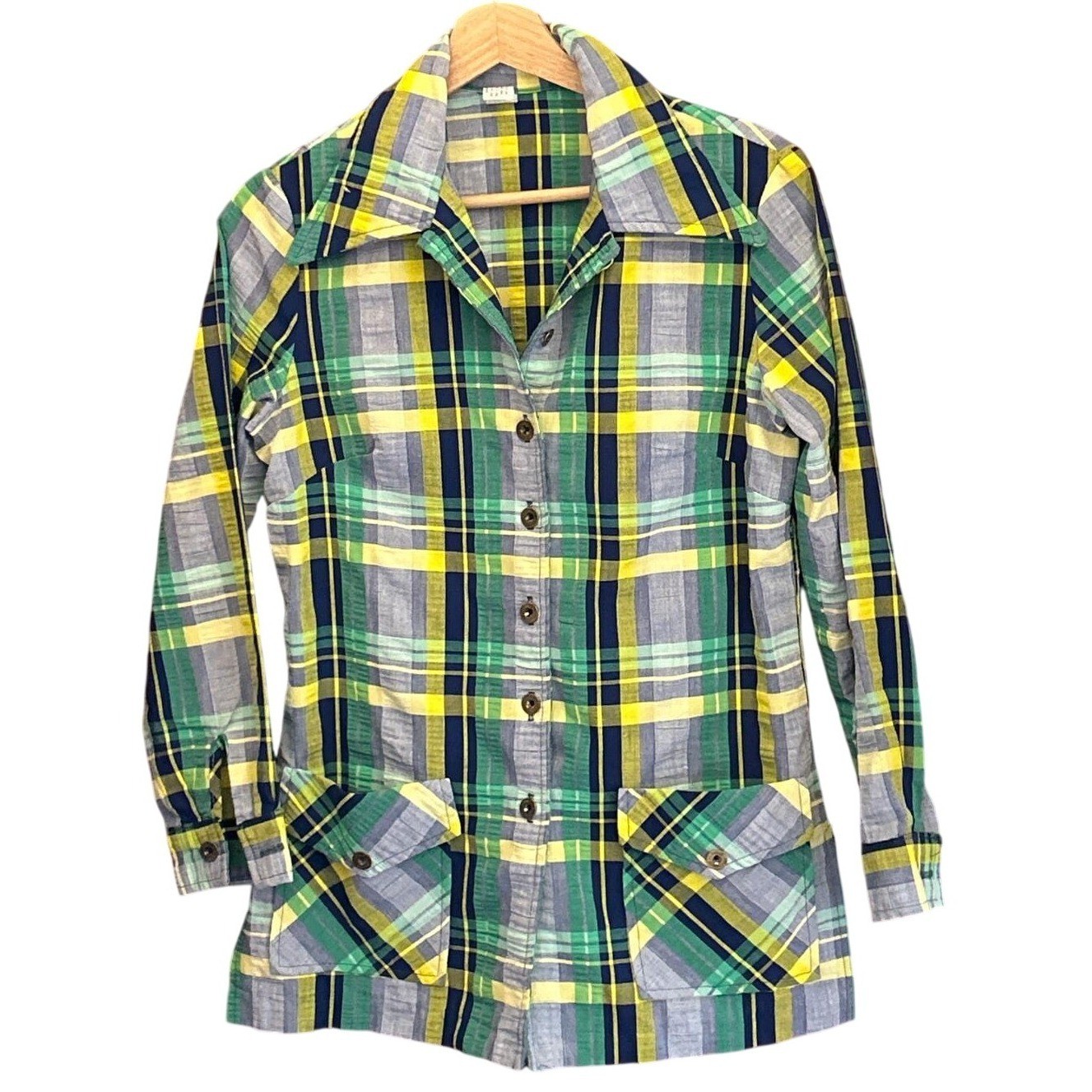 Vintage 70s Plaid Button Down Shirt Retro Mod Disco Style Green Yellow Eclectic