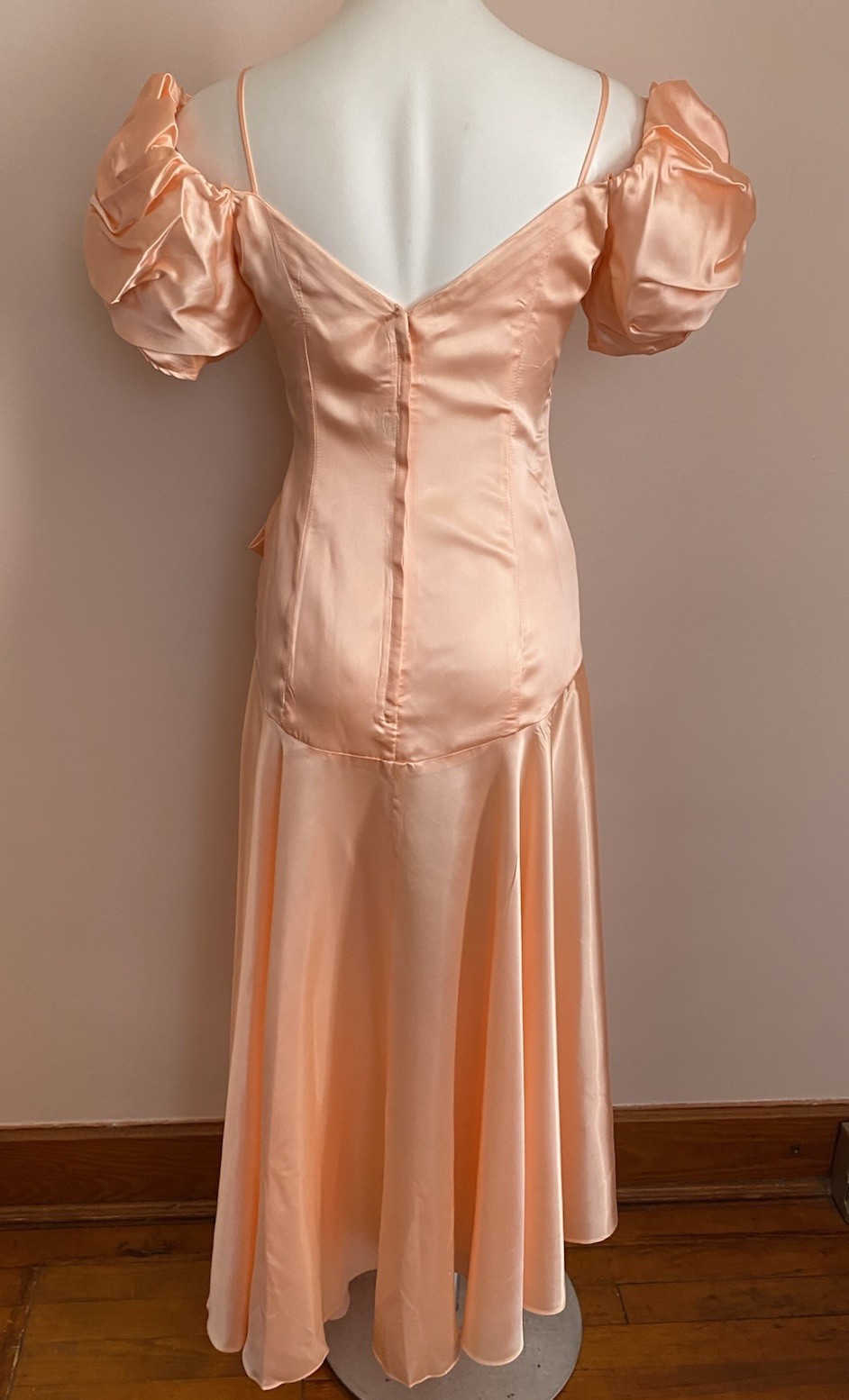 Vtg JC Penny Peach 80s Prom Dress 5/6 Gown Hi Lo Ruch Puff Sleeve Satin Union