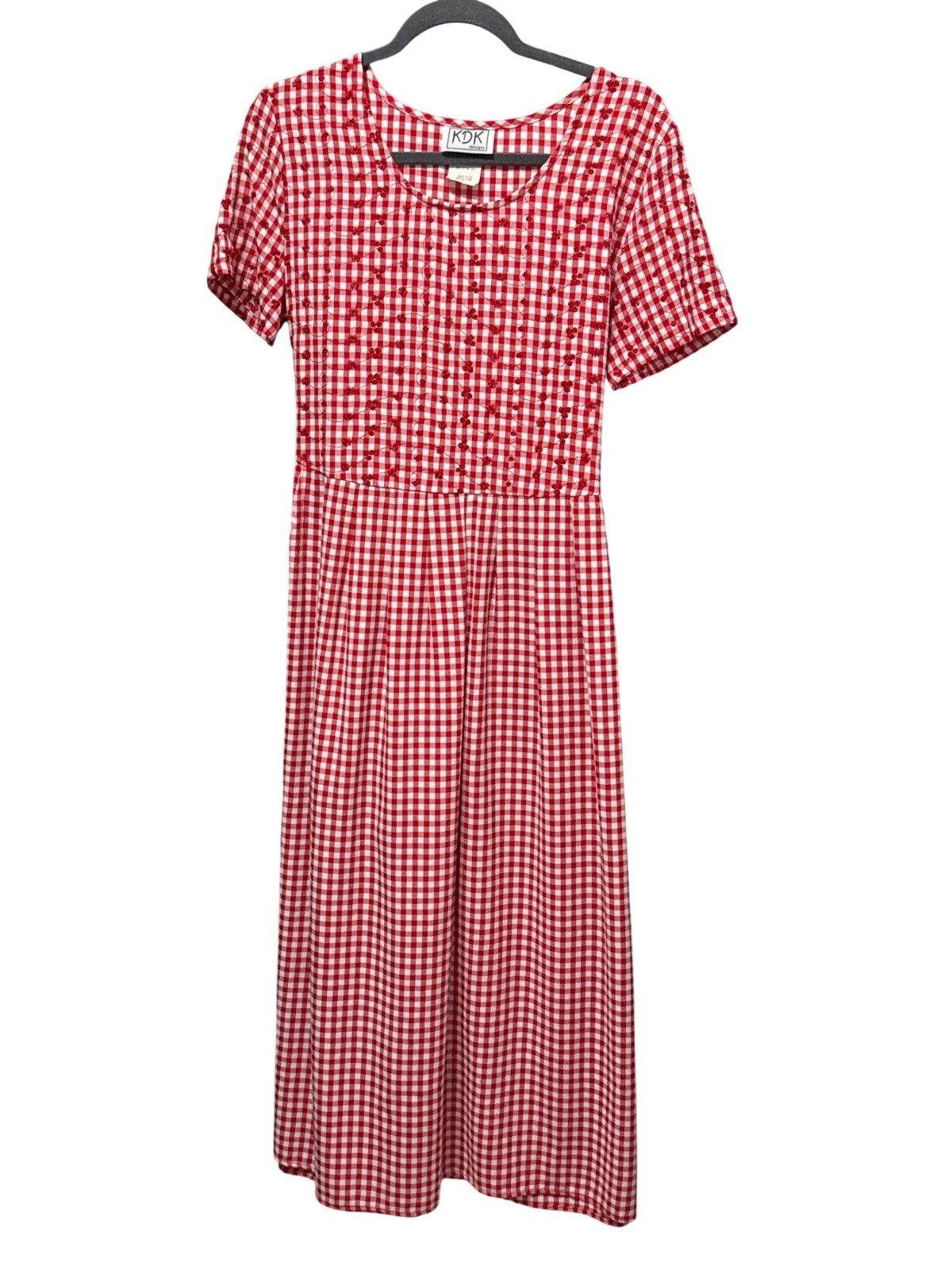 Vintage KDK Designs Red & White Gingham Midi Dress With Embroidered Size 8