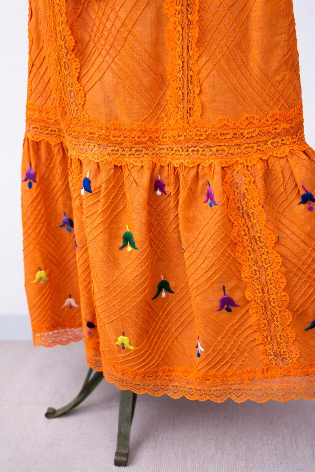 Vintage 70s Orange Embroidered Lace Maxi Dress Boho Bell Sleeve Cottagecore