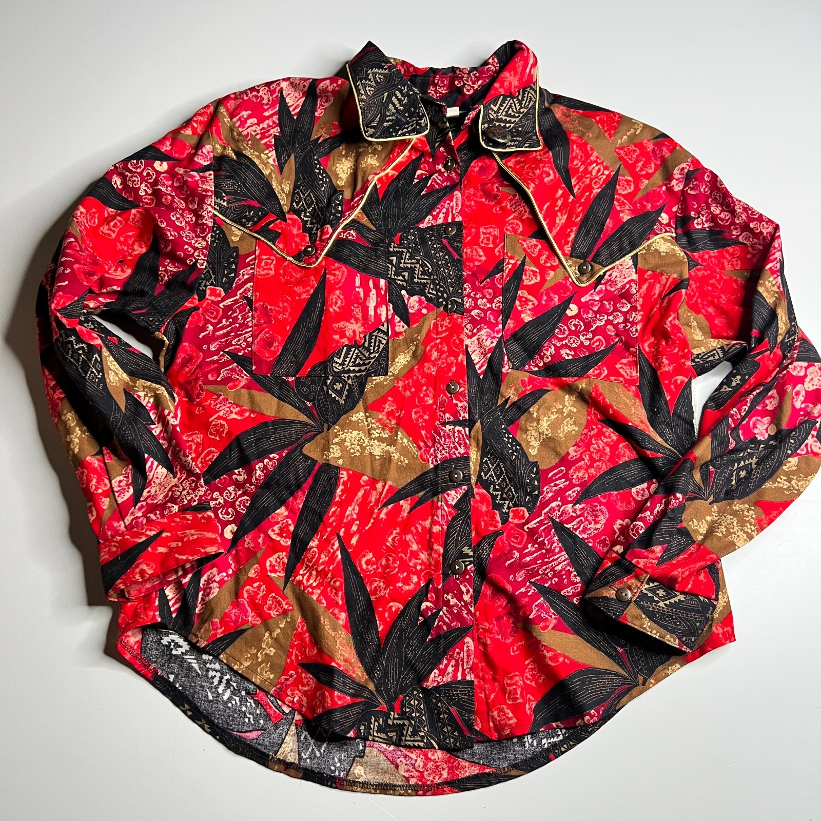 Vintage Roughrider Western Shirt Womens Red Black Gold Pattern USA Made L 42