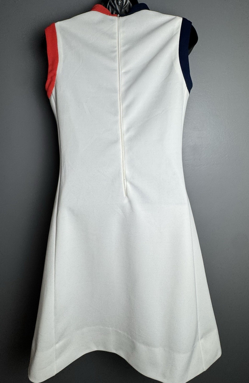 Vintage 1970s Lacoste Tennis Dress Sleeveless Shift Cut Red & Navy Trim Women XS