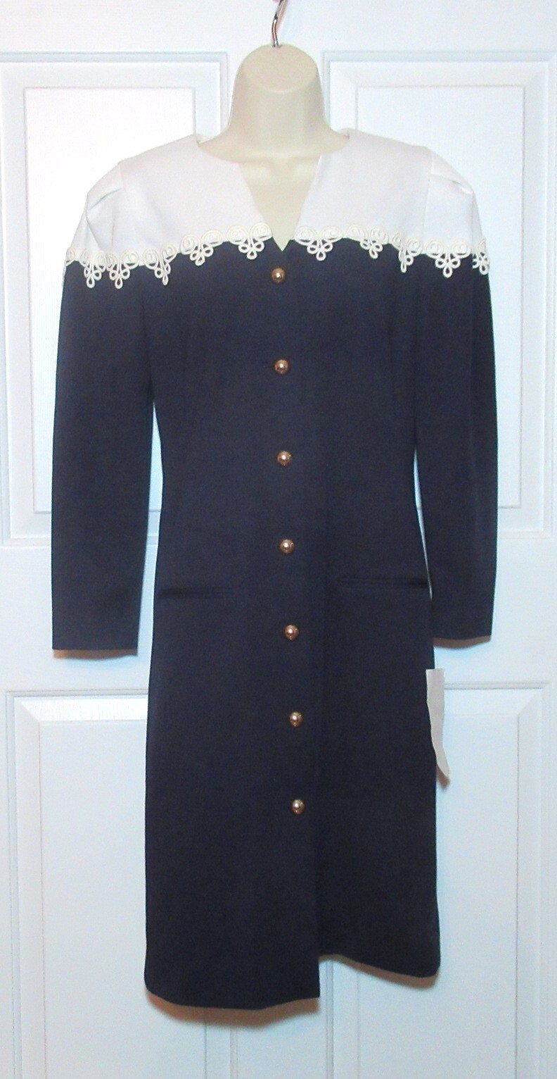 NWT Vtg 90s Leslie Fay Petite Collections 6 Navy with Gold Button Front Dress