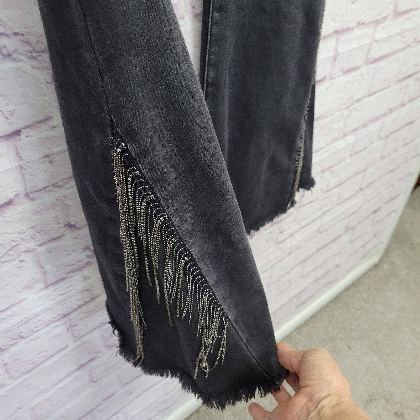 Risen Black Flare Jeans Womens 7 Rhinestone Fringe Distressed Goth Coachella Y2K