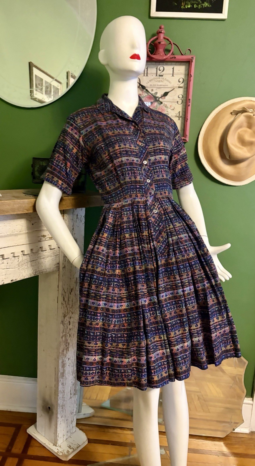 Vintage 1950’s Graphic Print Shirtwaist Day Dress Westbury Fashions S 36/26