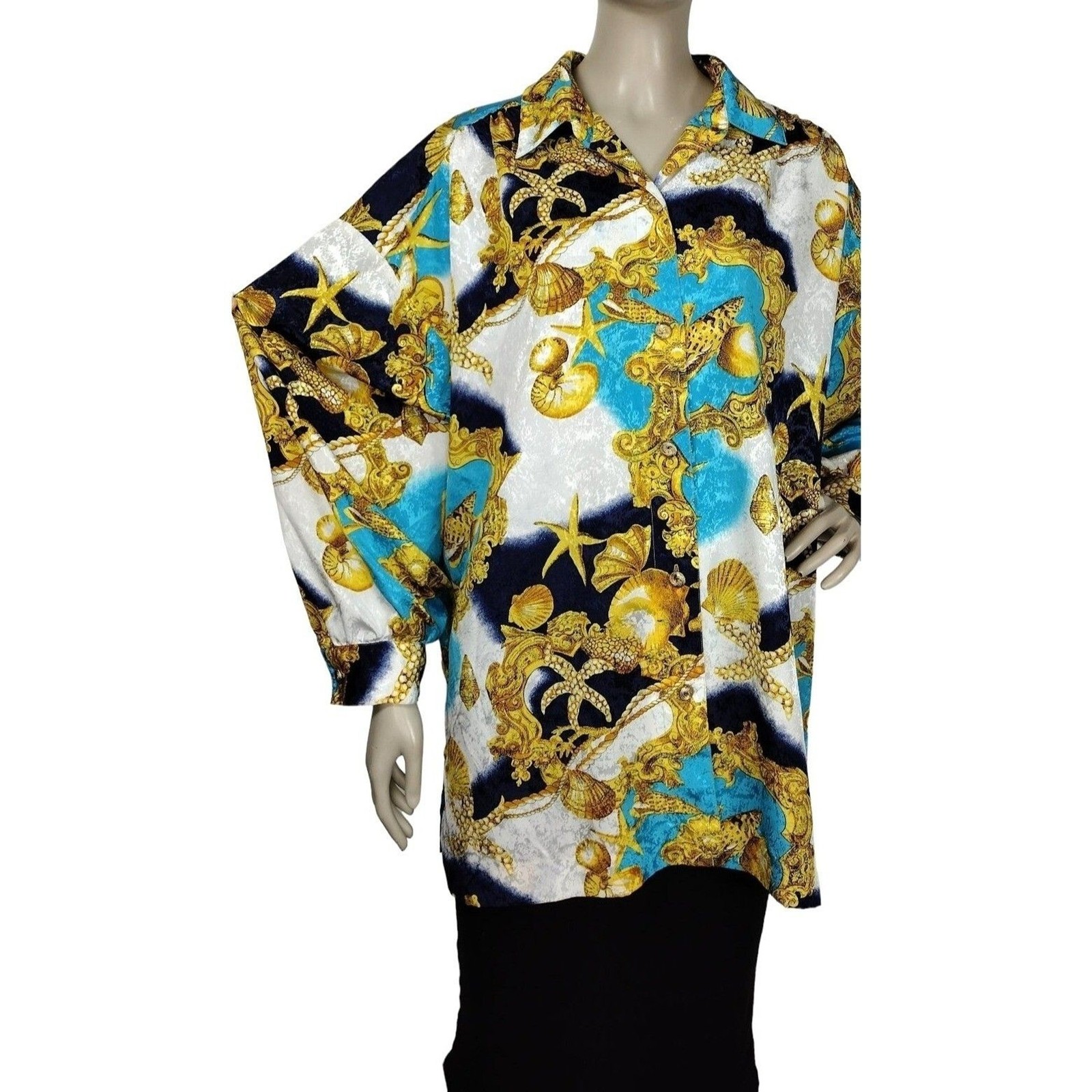 Vintage 80s Baroque Nautical Brocade Shells Chains Scarf Print Statement Blouse