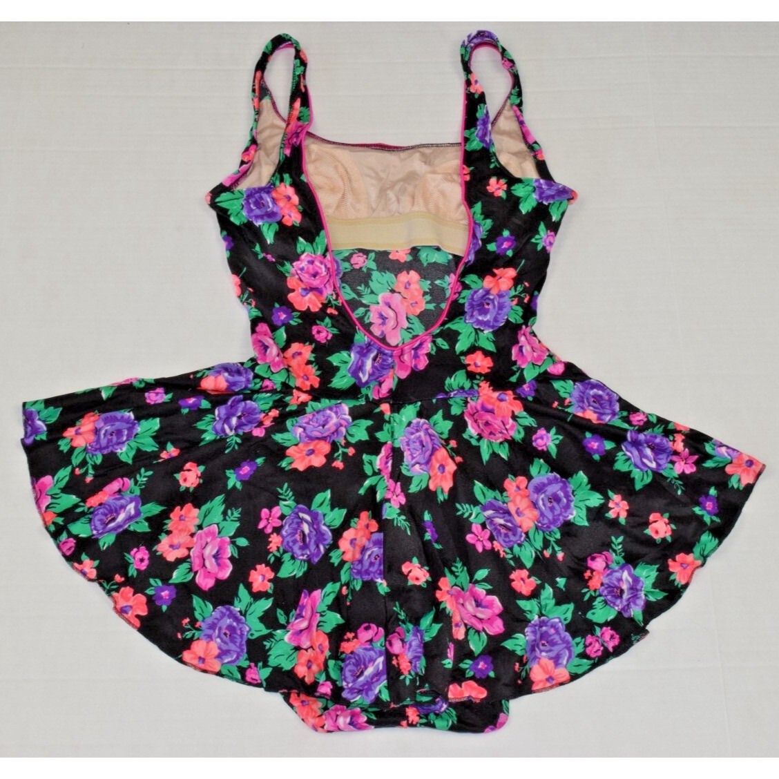 Vintage Swimsuit Size S/M 80s Glossy Black Pink Purple Flowers Full Skirt Bra