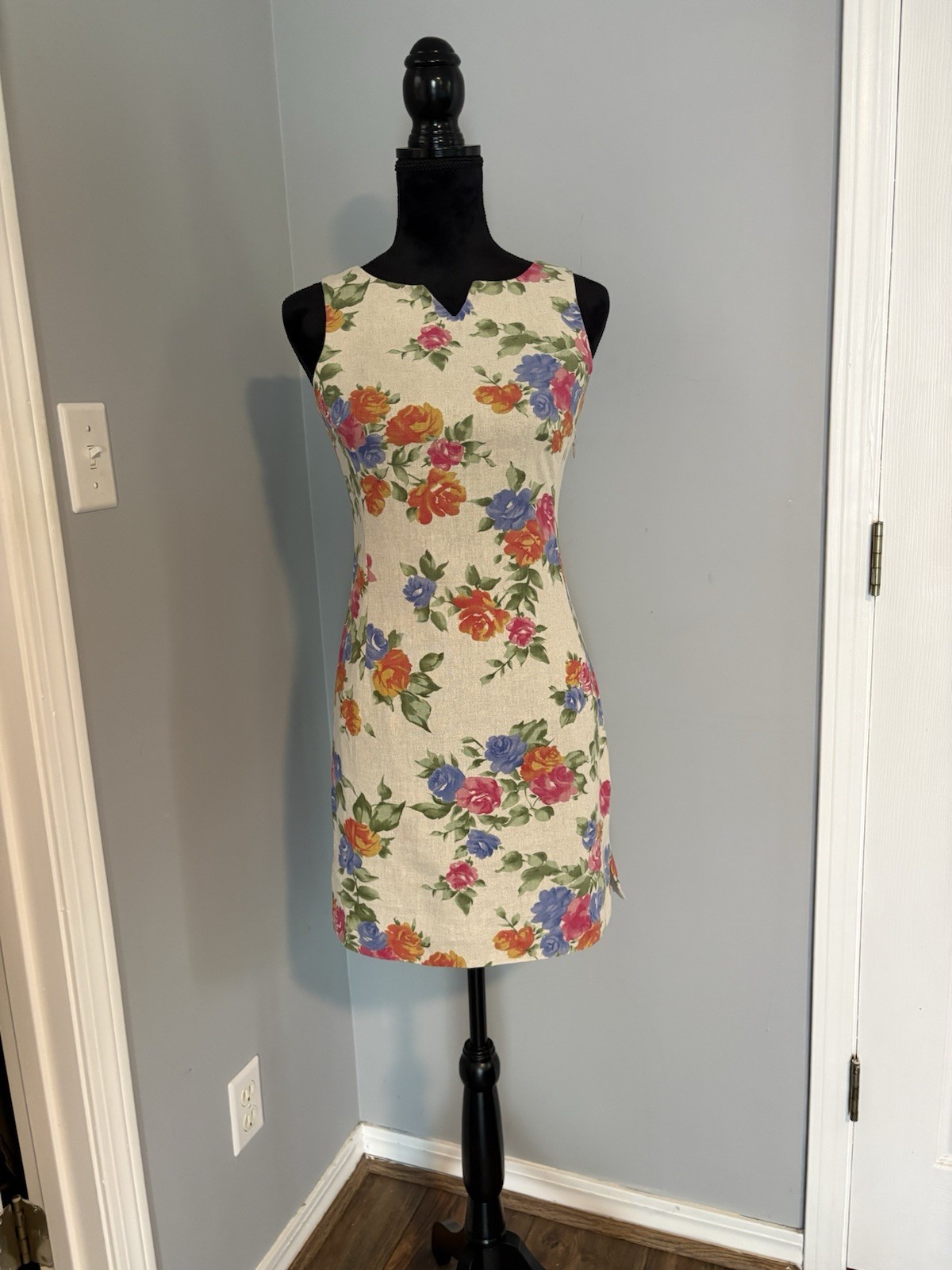 Vintage 90s Raw Silk Mini Sheath Dress Wallpaper Roses Rustic Texture Minimalist