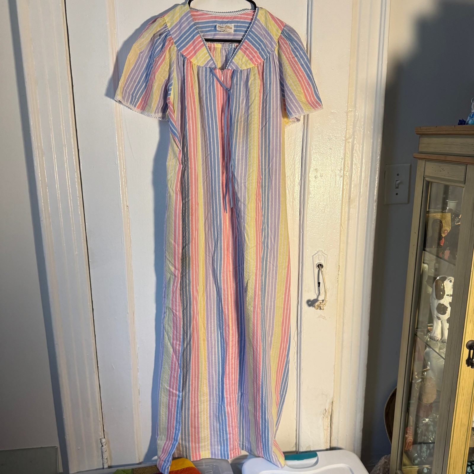 Vtg Dan-Ellen Pastel Rainbow Pride Maxi Muumuu House Dress M Retro Nightgown