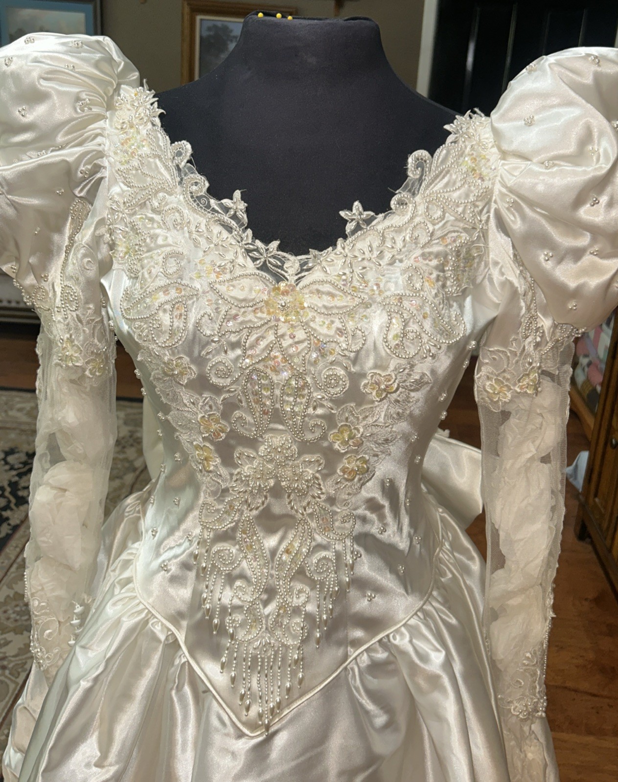 Vtg 80s Wedding Dress Beaded Puff Sleeve Bridal Gown Detachable Train Size 10