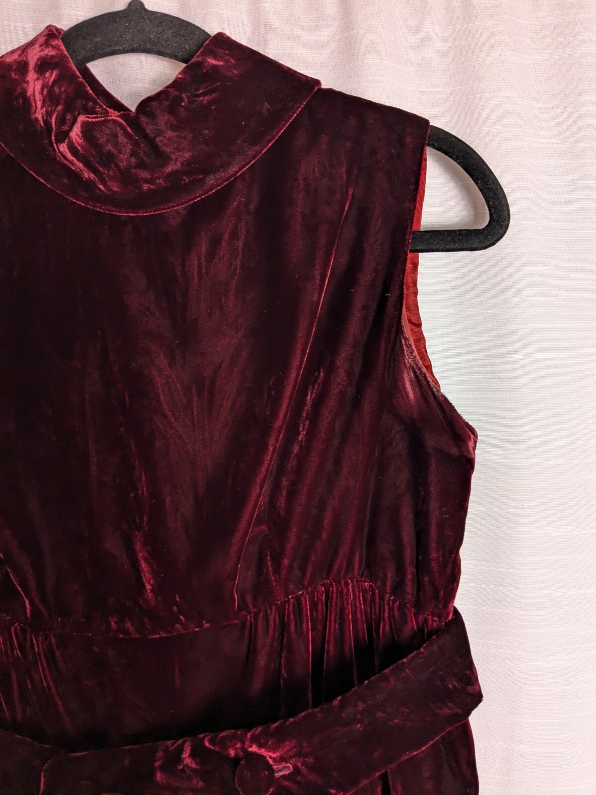Vintage Burgundy Red Crushed Velvet Mockneck Mini Dress Button Belt