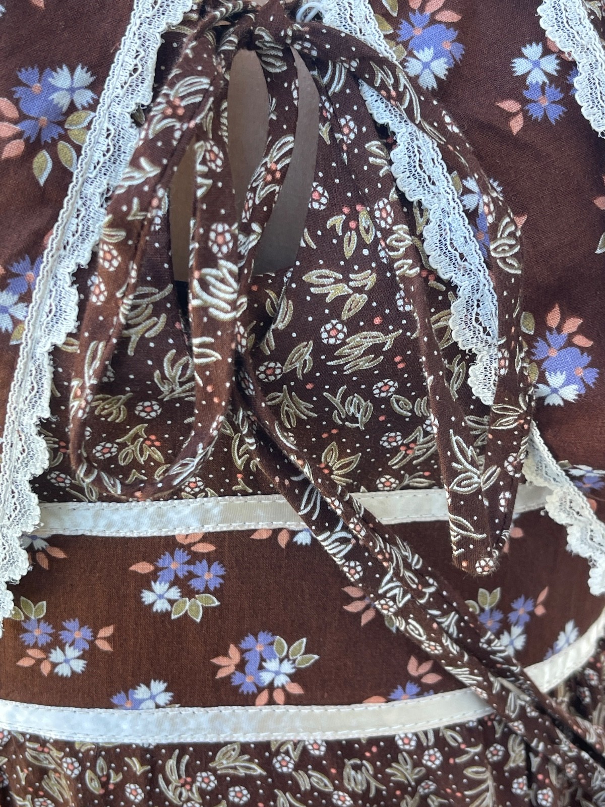 Vtg 1970s Gunne Sax Style Brown Calico Prairie Dress Ruffle Midi Small~Tag Cut