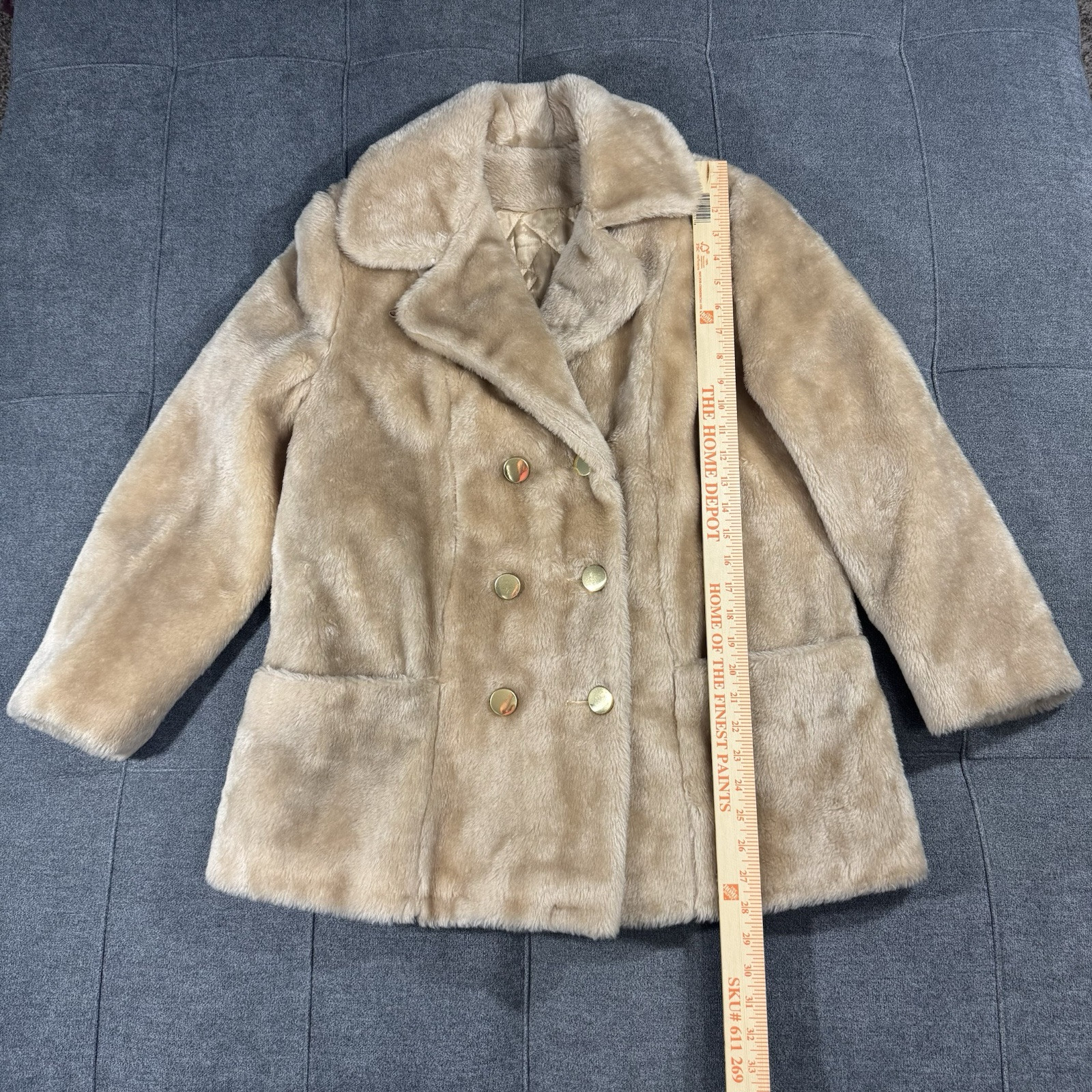 Vintage Sears Coat Womens 12 Faux Fur Camel Beige Gold Buttons Double Breasted