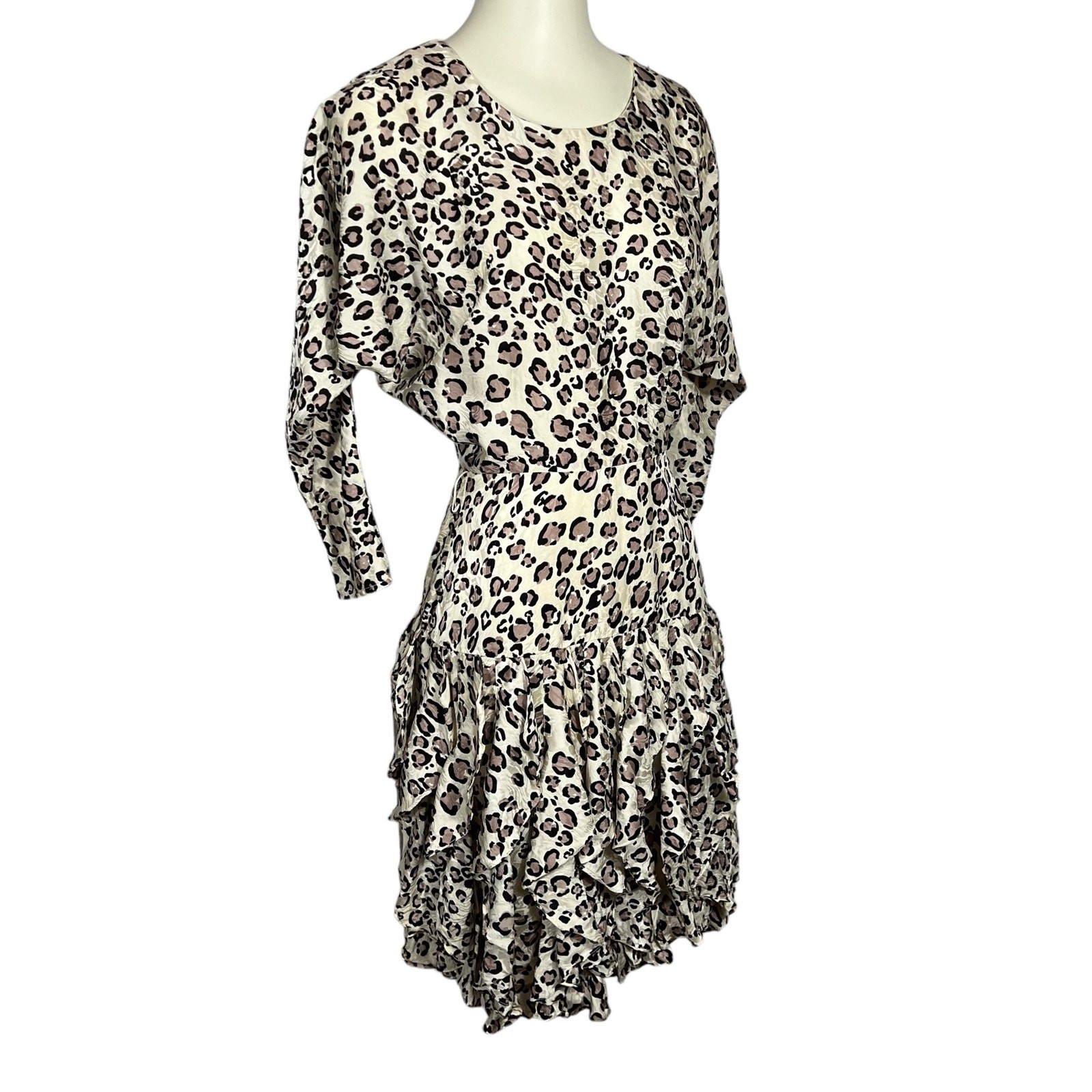 Vtg Lauren Alexandra XS 100% Silk Dress Leopard-Print 80s Knee-Length Dolman