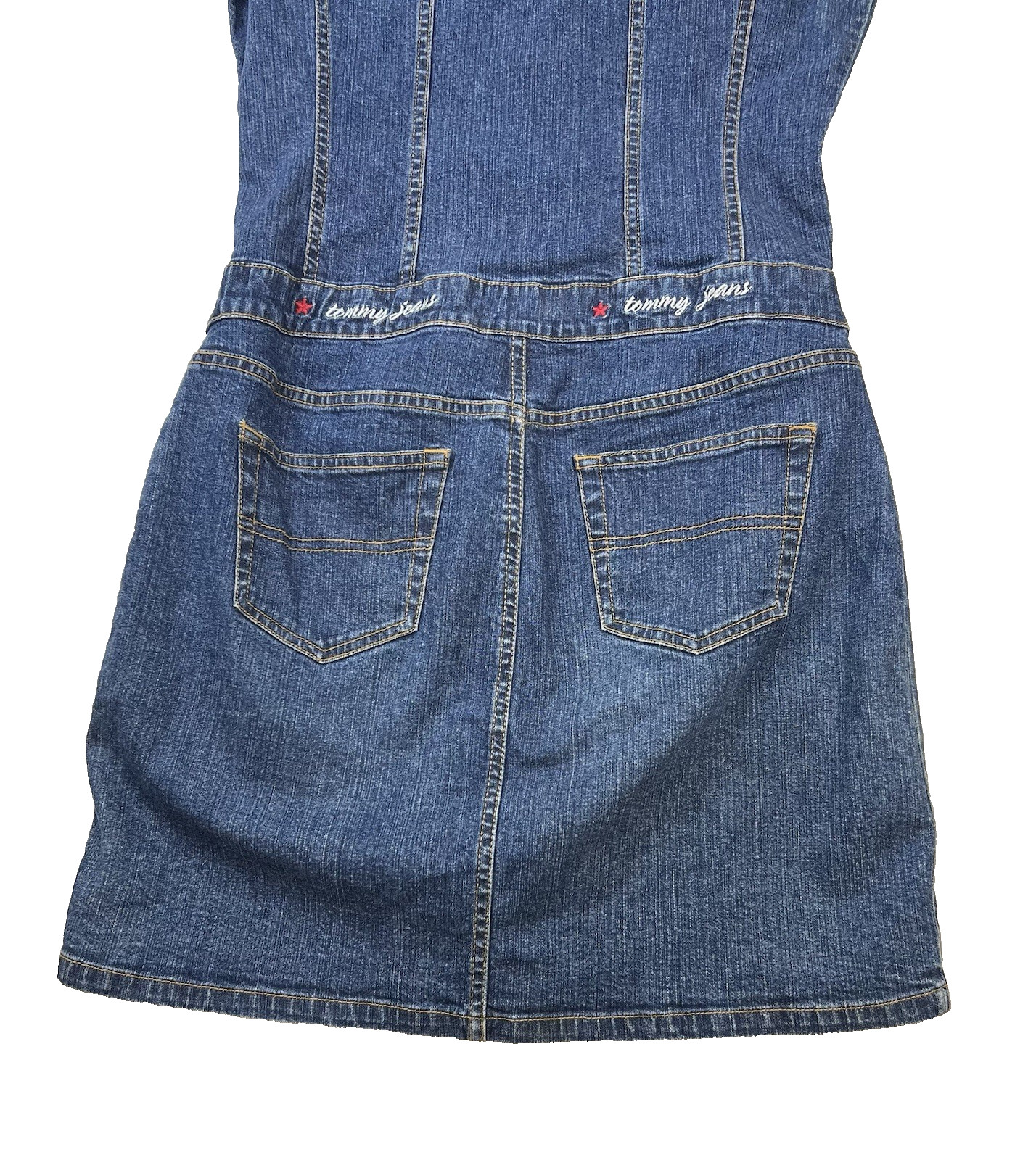 Vtg 90s Y2K Tommy Hilfiger S/S Denim Dress Womens Sz M Drop Waist Button Front