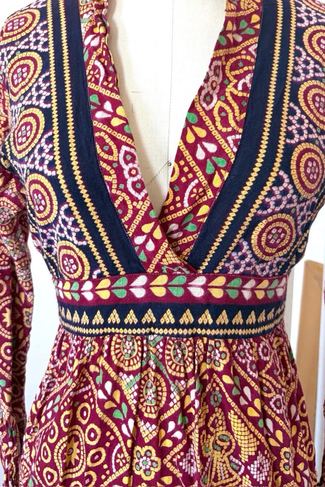 60s 70s Artisan Printed Pakistani Cotton Boho Hippie Empire Waist Maxi Dress XS