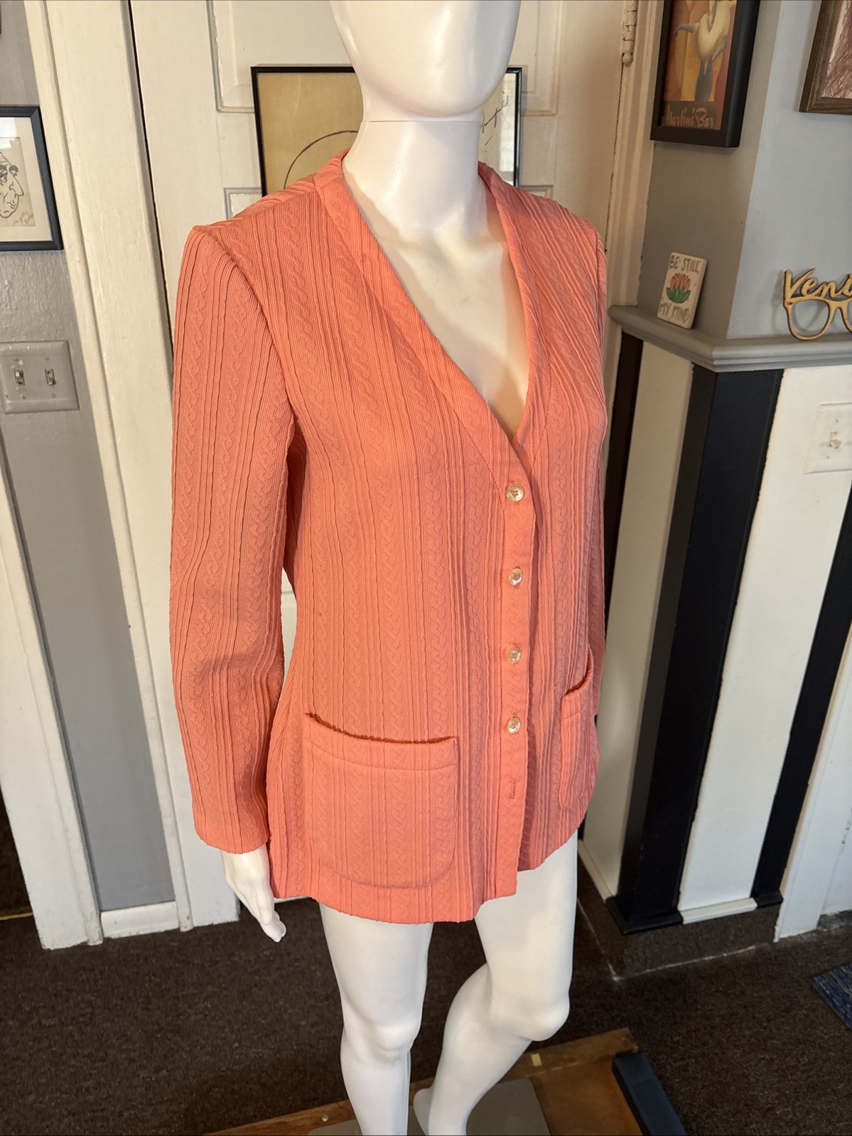 VTG 70s Jack Winter TLC Coral Cardigan Sweater Large 35″ Chest Retro Secretary