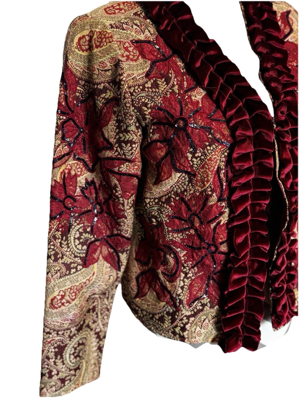 Vintage Womens Petite Med Alex Kim Suit Jacket Maroon Floral Ruffle Tapestry