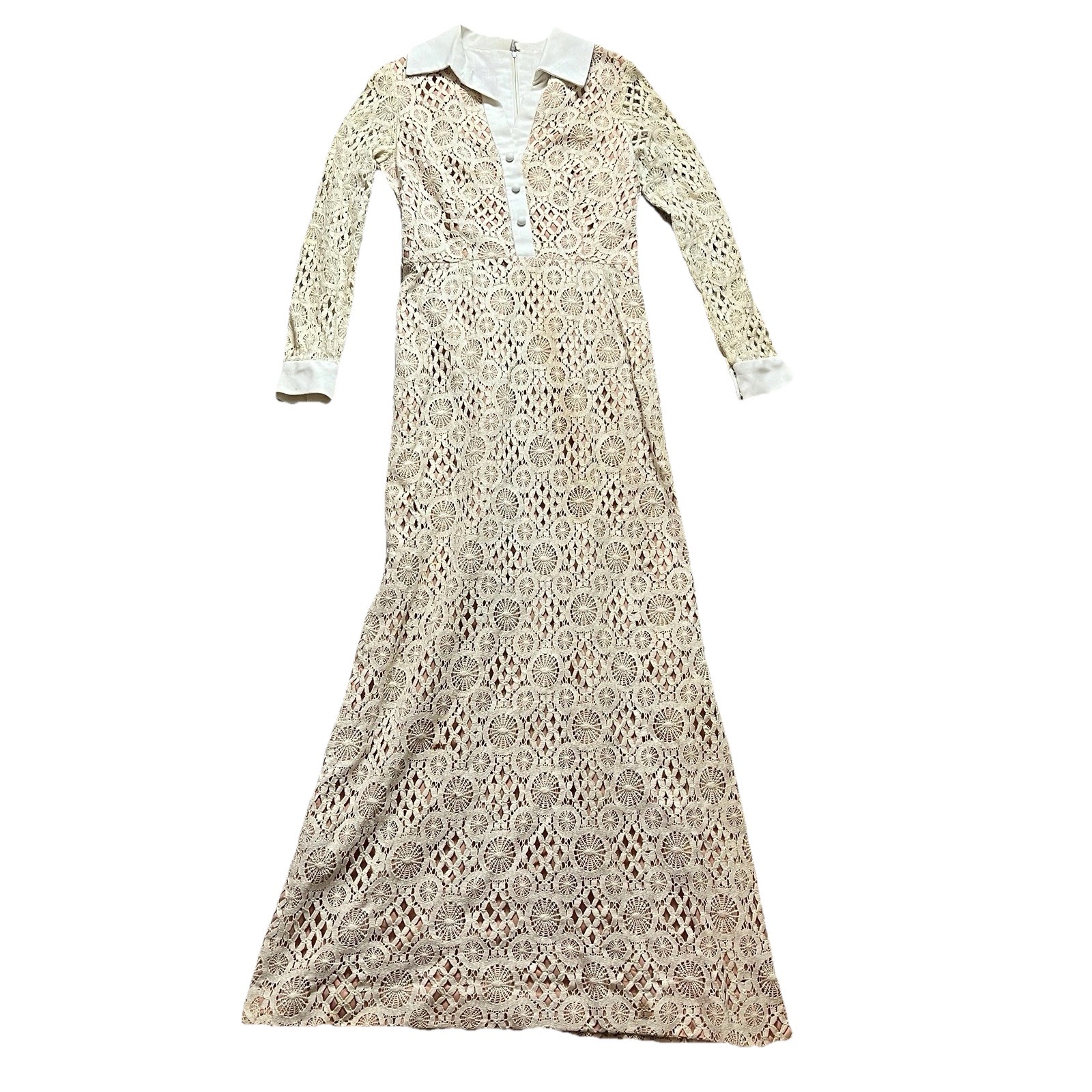 Vintage Dan Lee Women’s 12 Crochet Maxi Dress Long Sleeve Cream Peach FLAWS