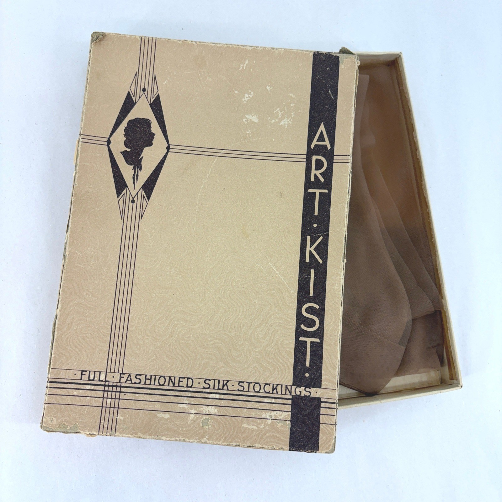 Art-Kist Full Fashioned Silk Stockings 40s 50s Vintage Sheer Thigh High Tan Box