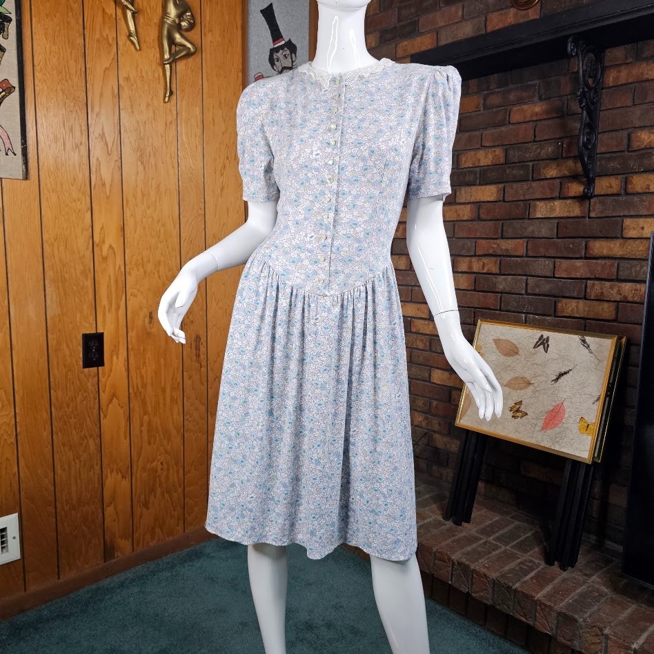 Vtg 80s Victorian Country Floral Puff Drop Waist Cottagecore Prairie Dress M/L