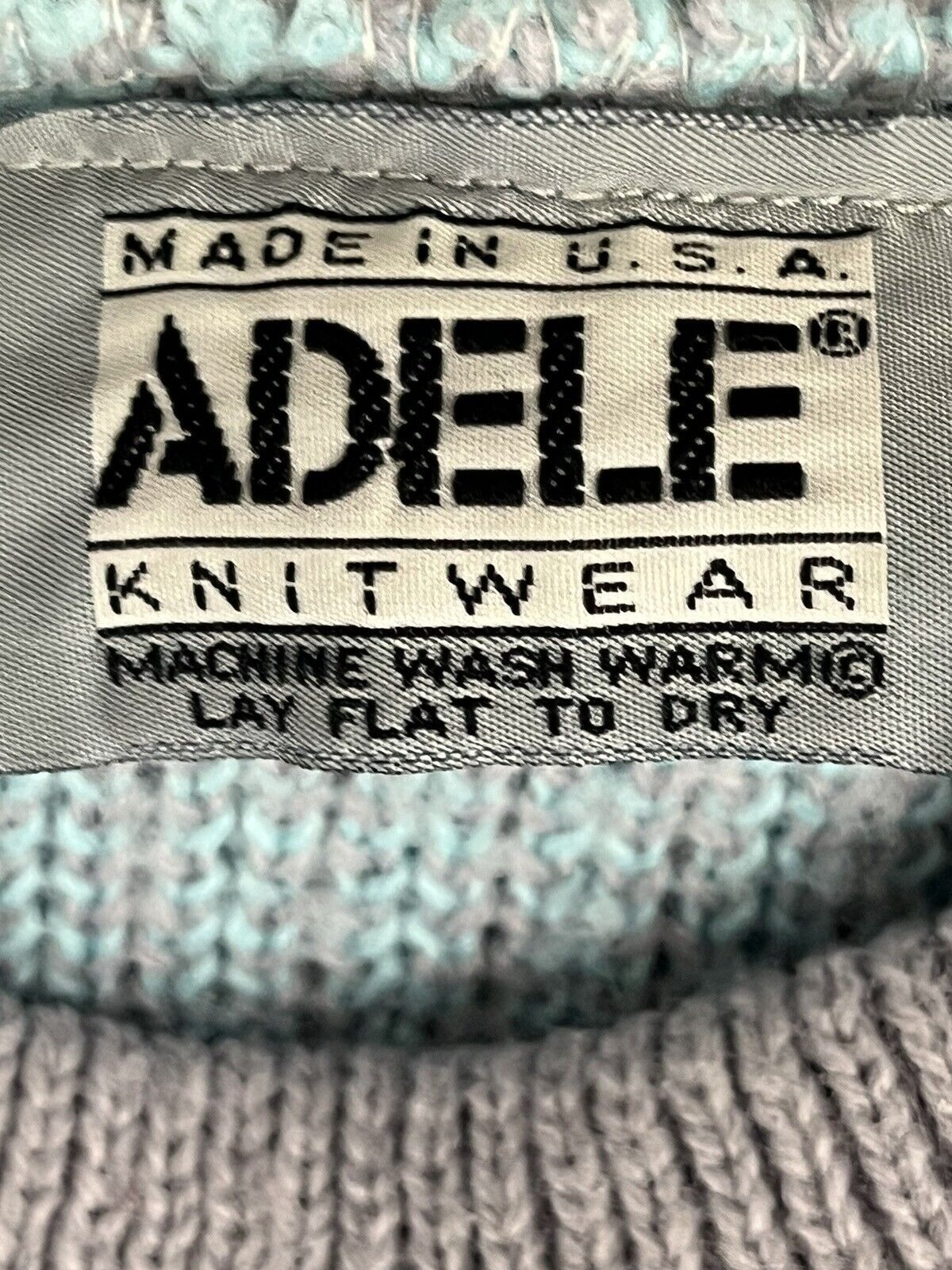 Vintage 80s Adele Knitwear Sweater Gray Blue Teddy Bear USA Kawaii