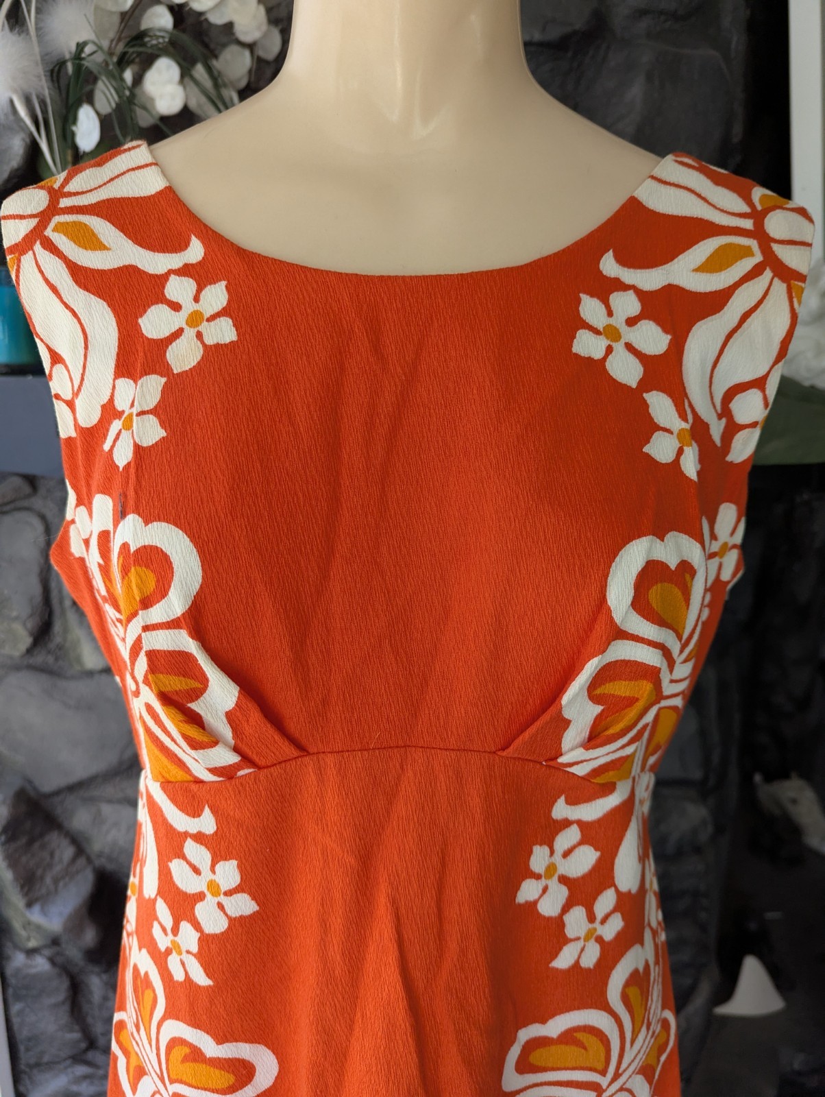 VTG 1960’s Sears Hawaiian Fashions Aloha Orange Barkcloth Floral Midi Dress Med