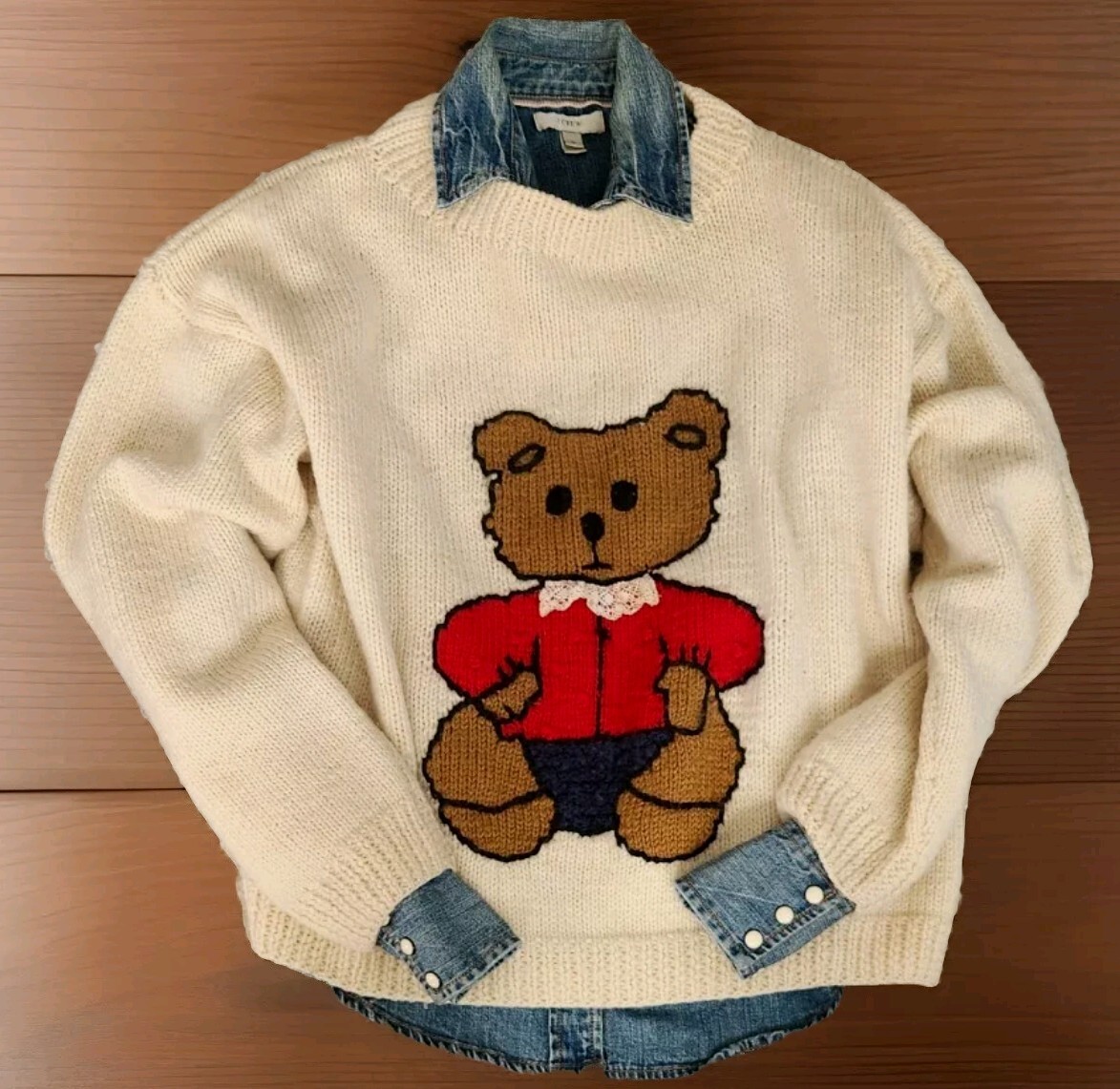 Vtg 80’s Katlean Chunky Handknit Teddy Bear Graphic 100% Wool Ivory Sweater! M