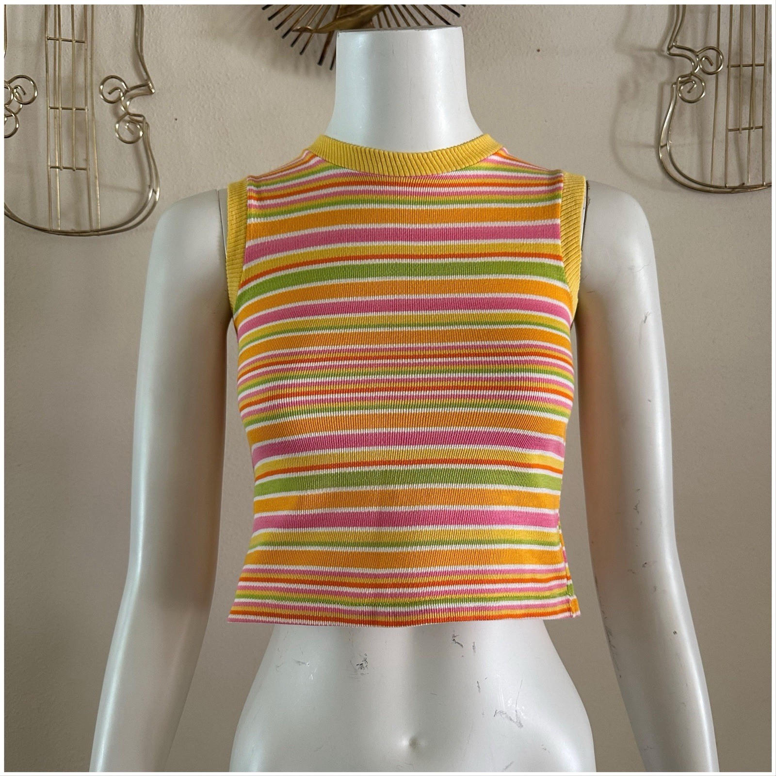 1960s 70s Stripe Knit Crop Tank Top Mod Resort Sportswear Surf Pink XS S VTG