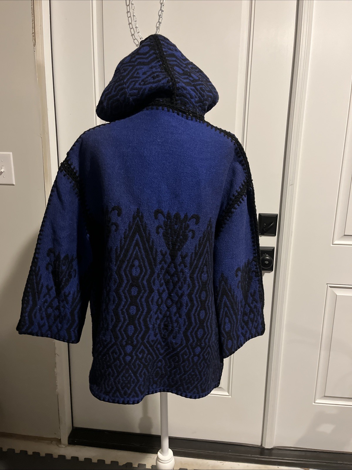 Vintage Woman’s Knit Crocheted Blue & Black Poncho Jacket Wool Cotton Lined