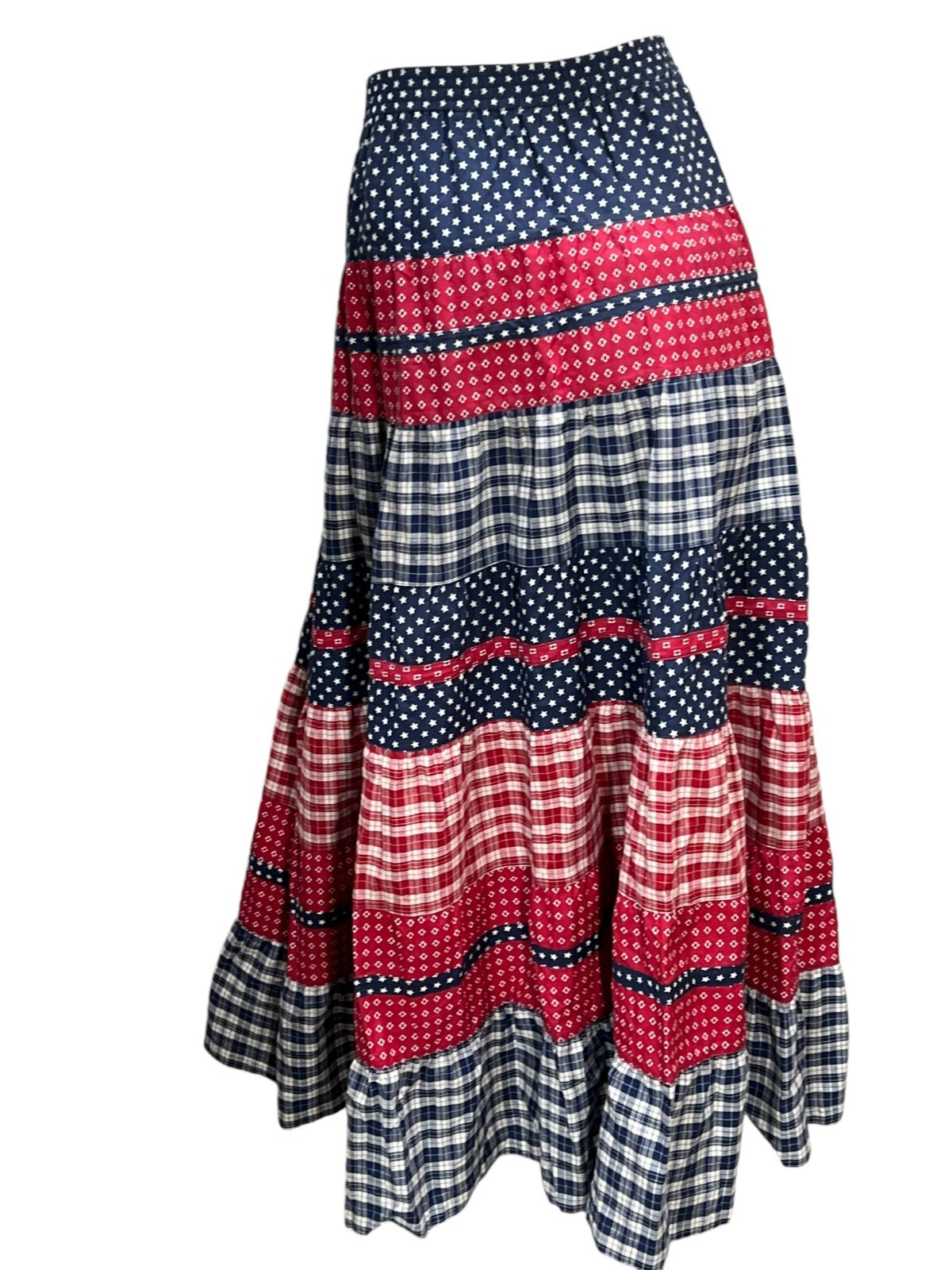 Vtg 90s Sz M R/W/B Tiered Maxi Skirt CottageCore Praire Cotton Prairie Cambridge