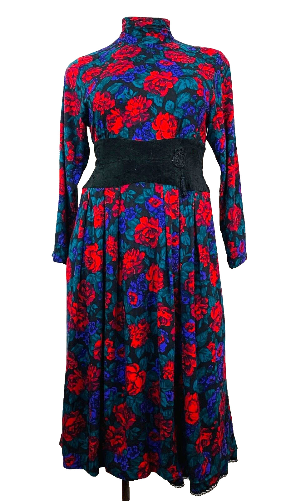 Vintage 1980s red purple floral midi dress, rayon suede waistband Victorian L XL
