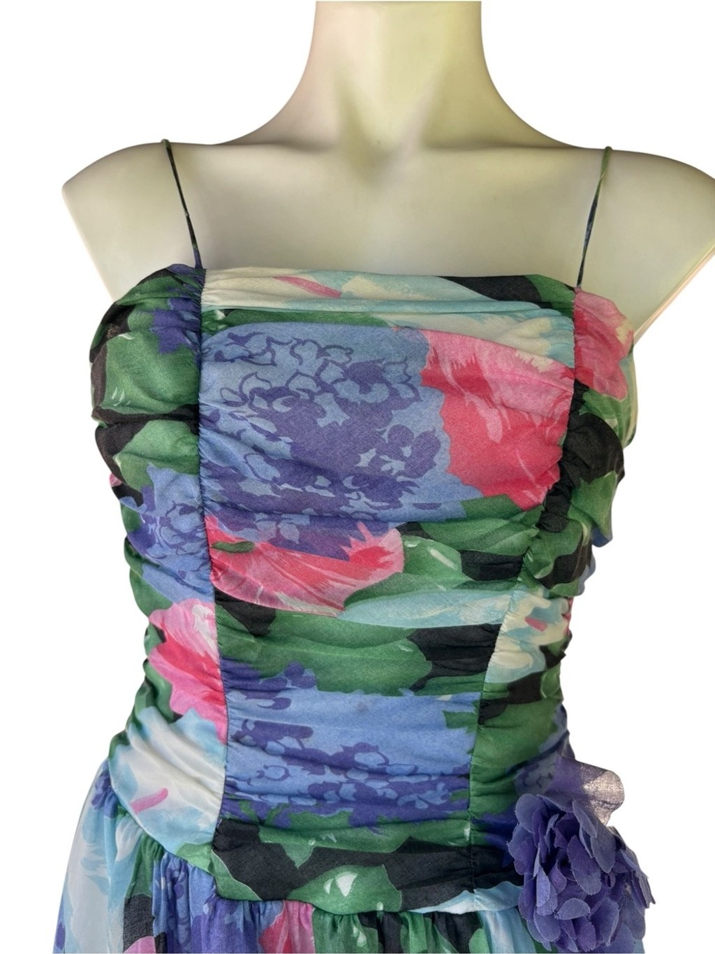 Vintage 80s Floral Chiffon Dress Open Back Fit Flare Party Prom 6 Small