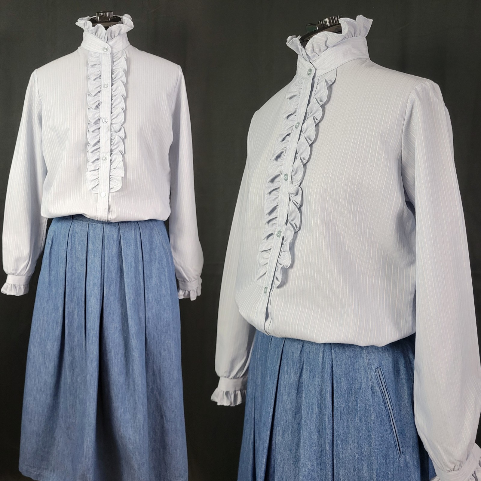 Vtg Time & Place Light Blue Blouse w White Pinstripes & Ruffled Collar Size 11
