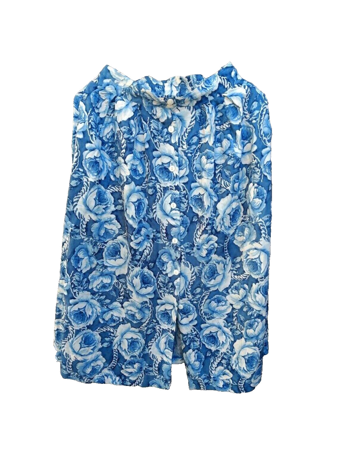 Vintage Cabbage Rose Floral Print Skirt Size 9/10 Blue White Preppy 80s 90s