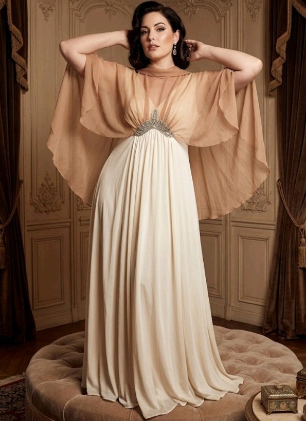 1960s Vintage Chiffon Cape Gown Size 14 / 16 Glass Beaded Wedding Dress Couture