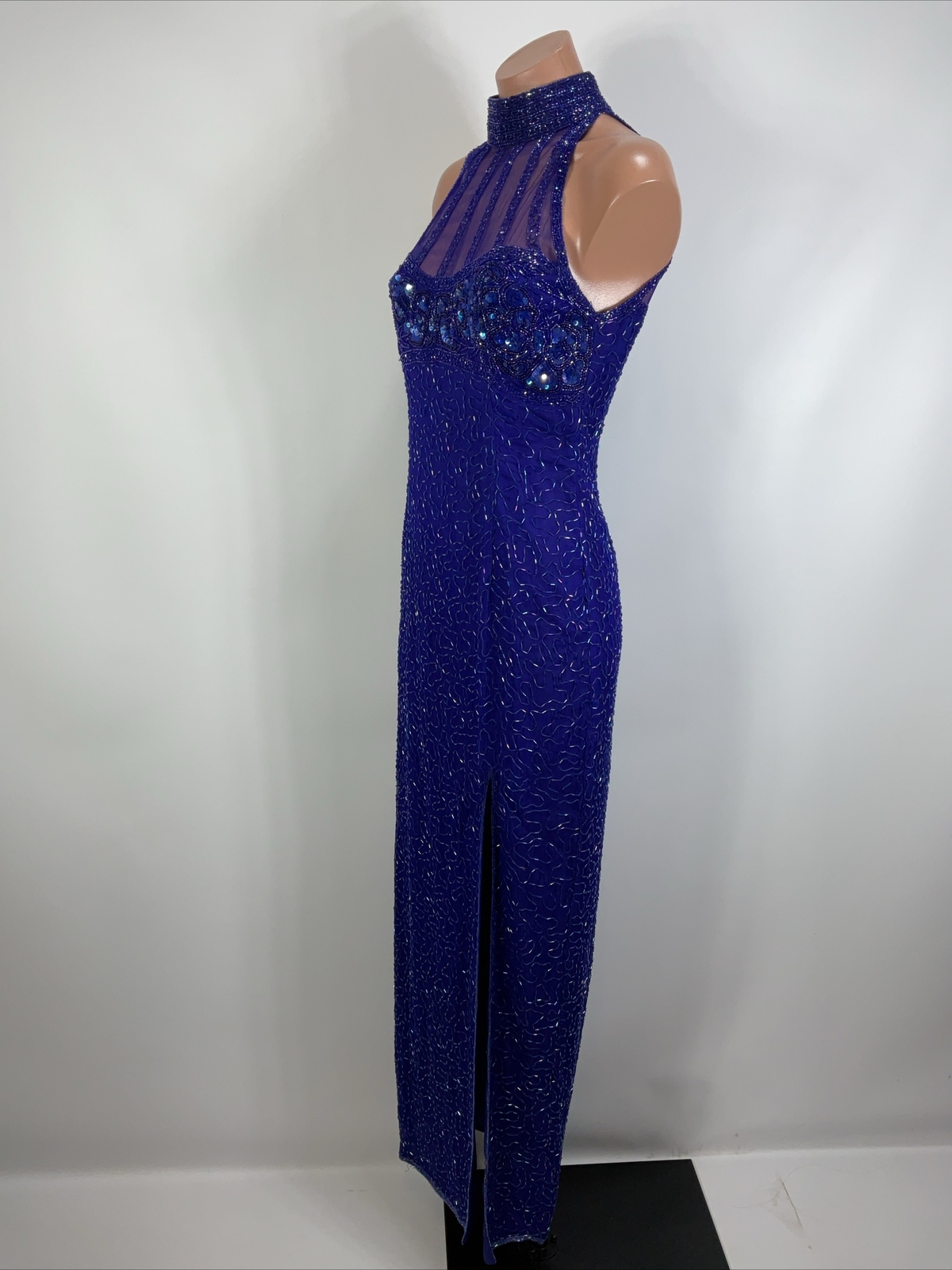 Vtg 90s y2k Papell Boutique Evening Dress 4 Silk Beaded Maxi Gown Fairy Prom