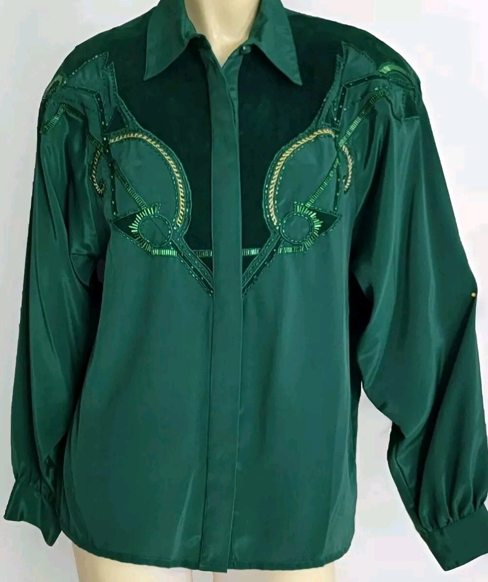 VTG Western Cowgirl Rodeo Baroque Sequin Suede Beaded Embroidery Blouse Green M