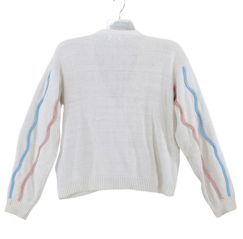 Cardigan Sweater Button V-Neck Cream Colorful Pastel Overstitch Cable M Vtg 80s