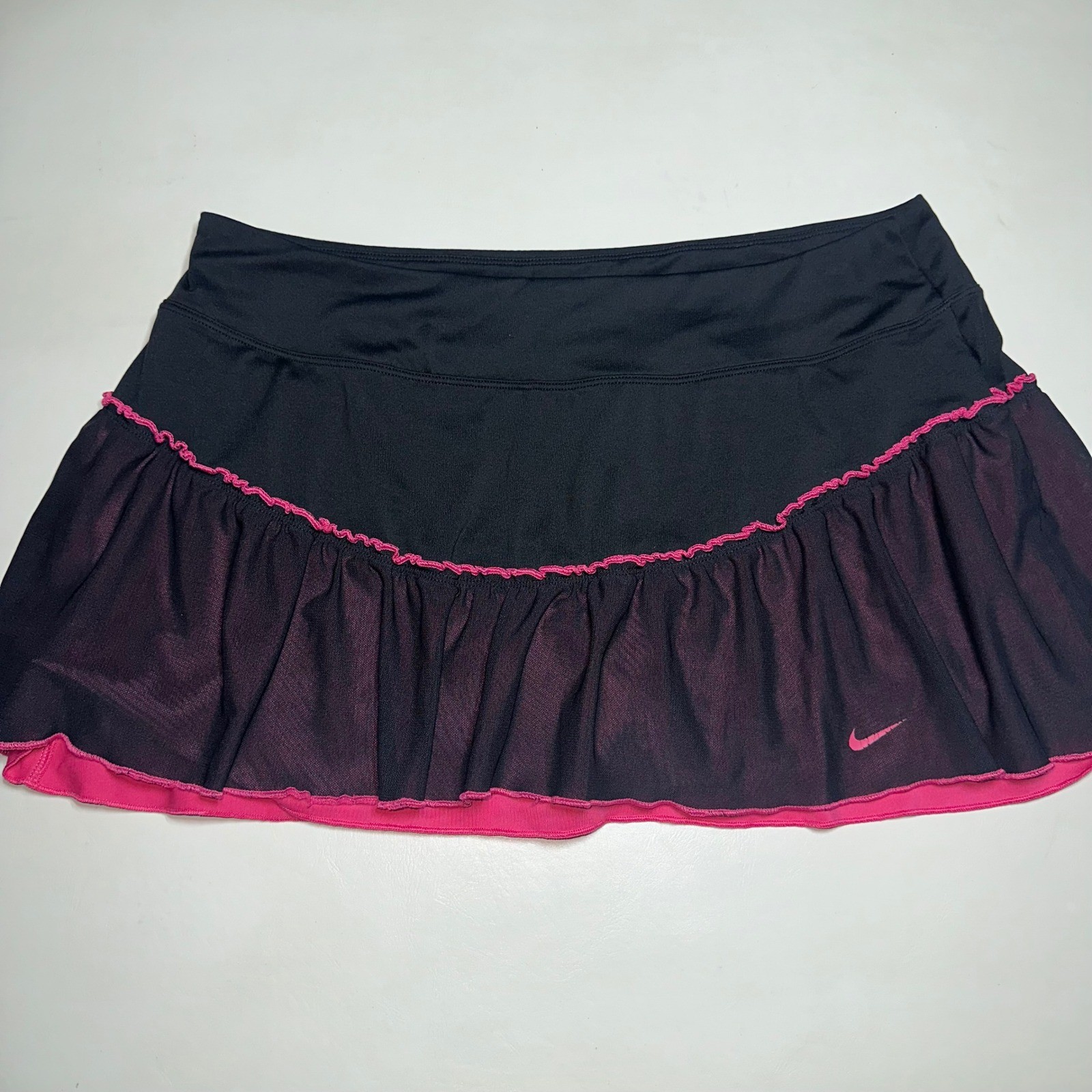 Vintage 2000s Nike Mesh Ruffle Mesh Tennis Skirt With Shorts Black & Pink Trim