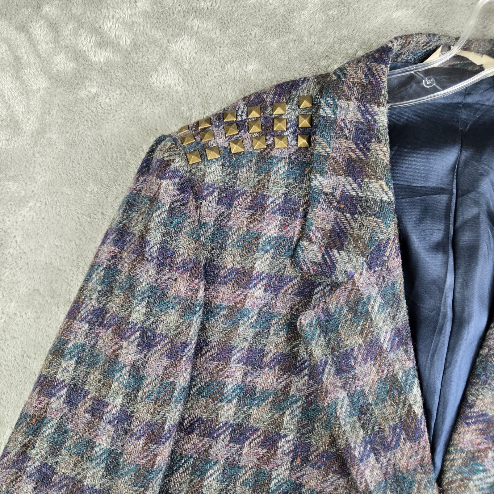 Vintage Laura Caspari Jacket Women Gray Purple Green Houndstooth 100% Welsh Wool