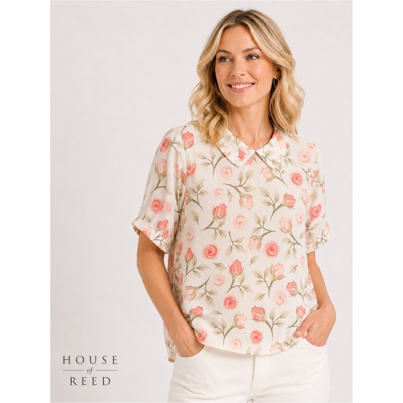 Vintage Style Pink Rose Floral Peter Pan Collar Blouse XL Cottagecore