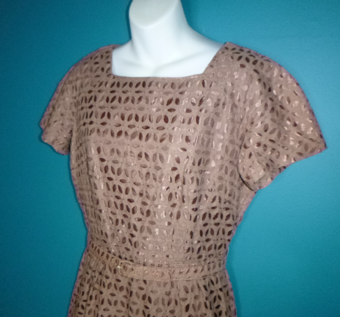Vtg 50s Ann Allyn Cocoa Brown 2 Layer Sheath Dress W Belt Eyelet over Satin M/L