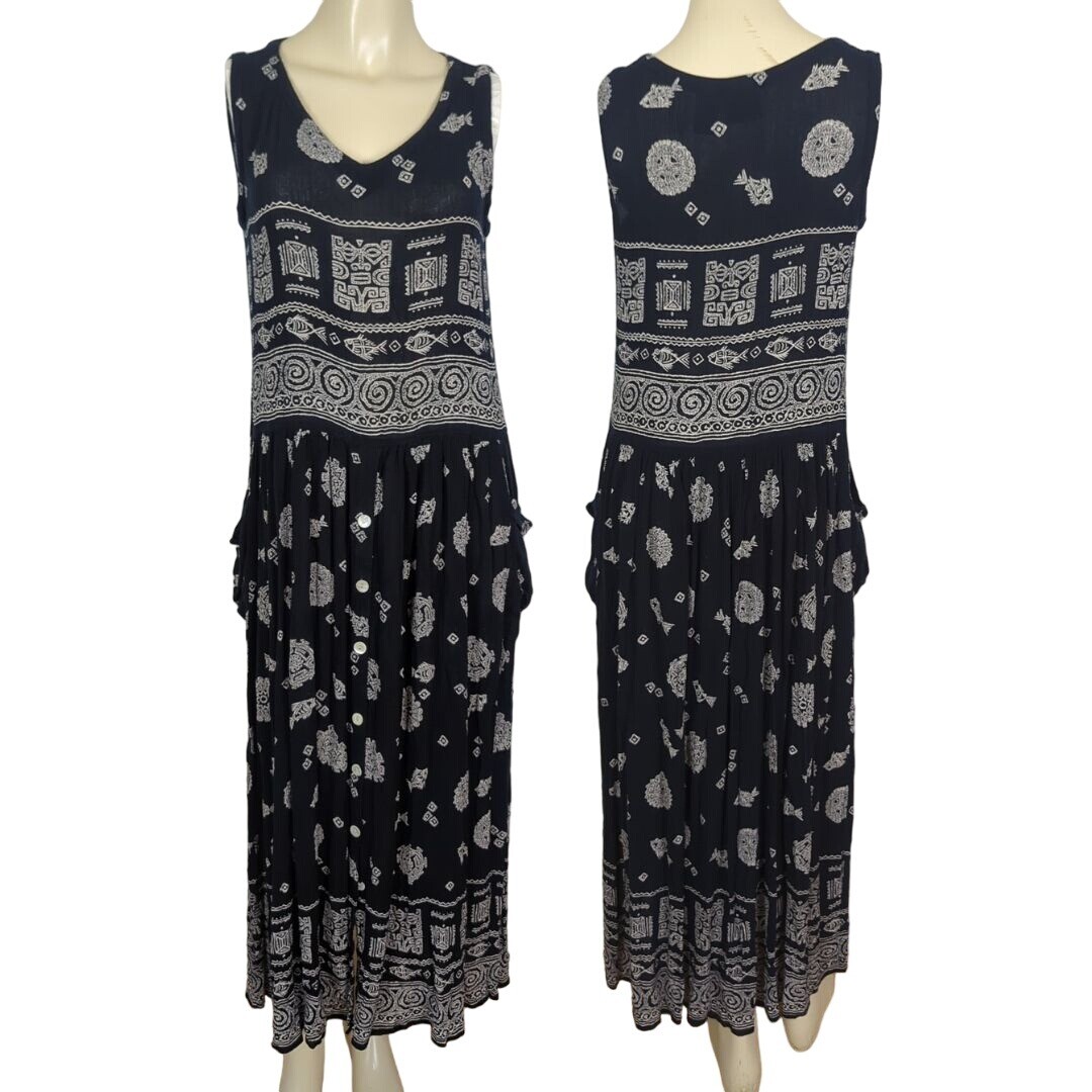 BILA dress Sz S black white sleeveless rayon crinkle gypsy bohemian Vintage