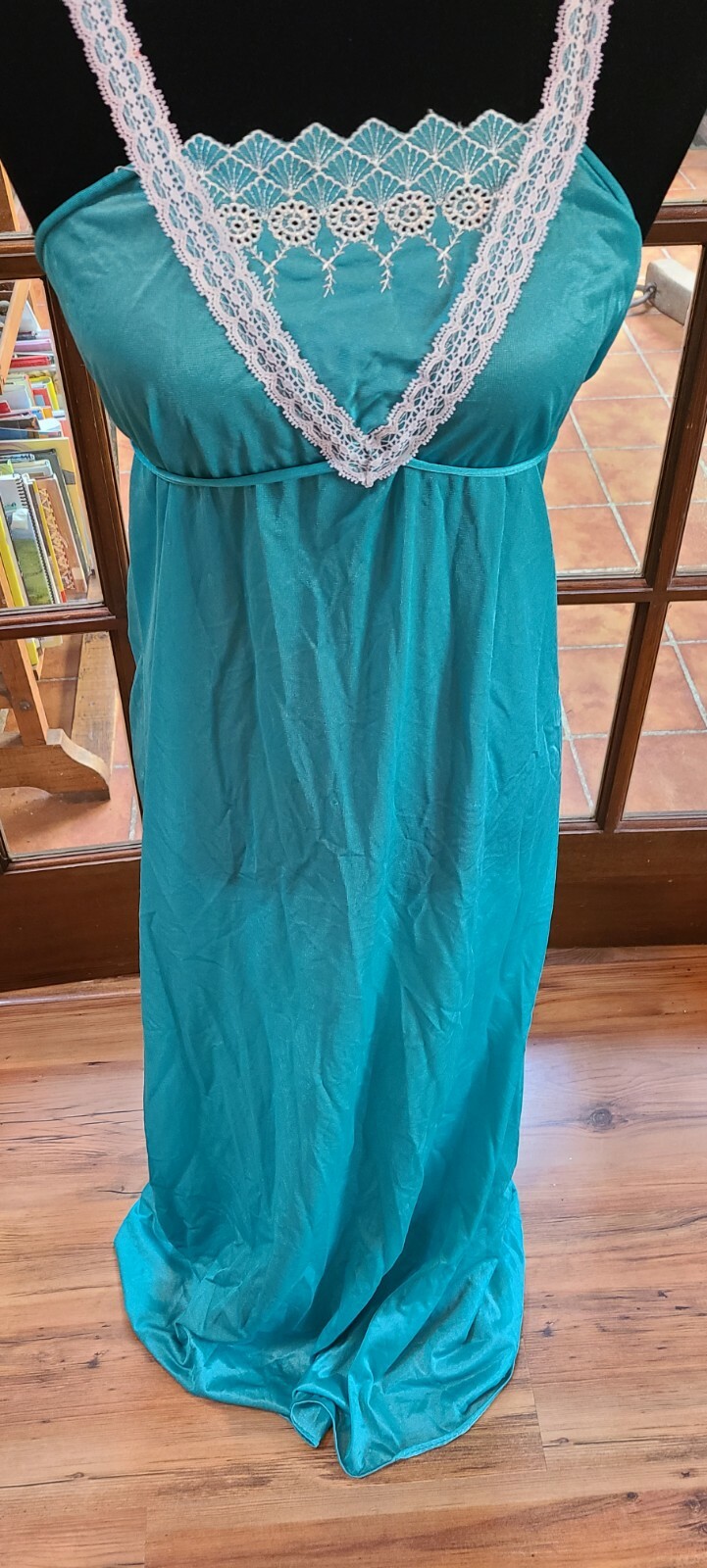Vtg Sexy Nightgown Full Length Aqua Blue Nylon Lace Ribbon Straps Goddess Sz S