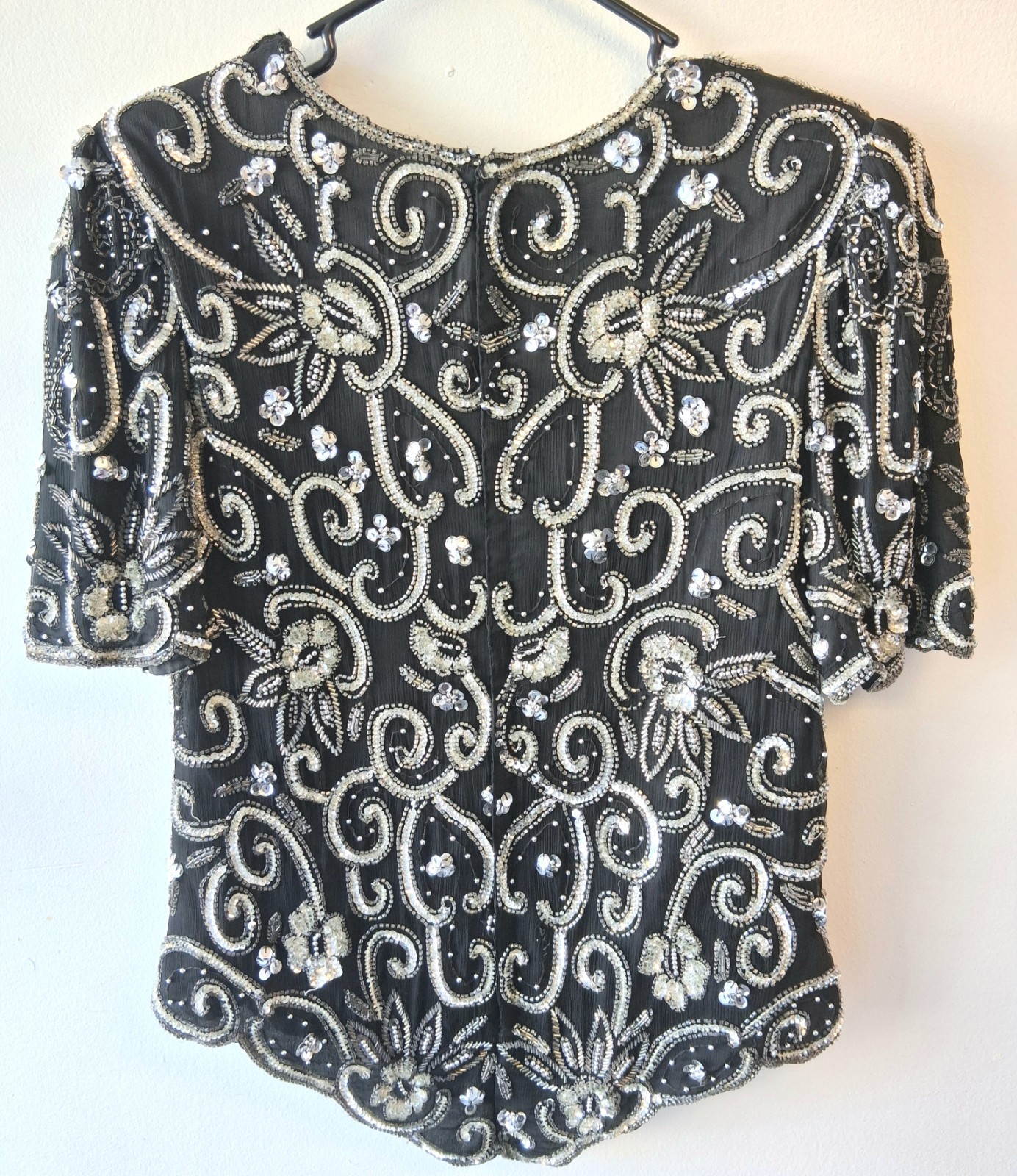 Vintage Womens Large Top Laurence Kazar Black Silver Sequin Beaded Blouse Gatsby
