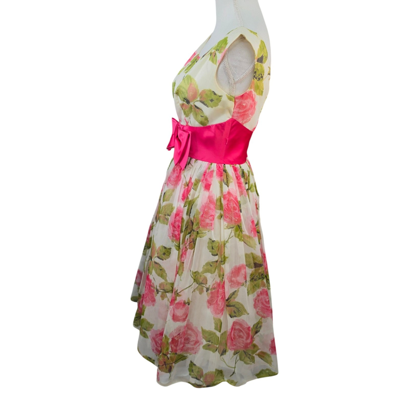 Vtg 1950-60s Floral Cocktail Party Dress Pink Bow Fit Flare Womens Small Costume