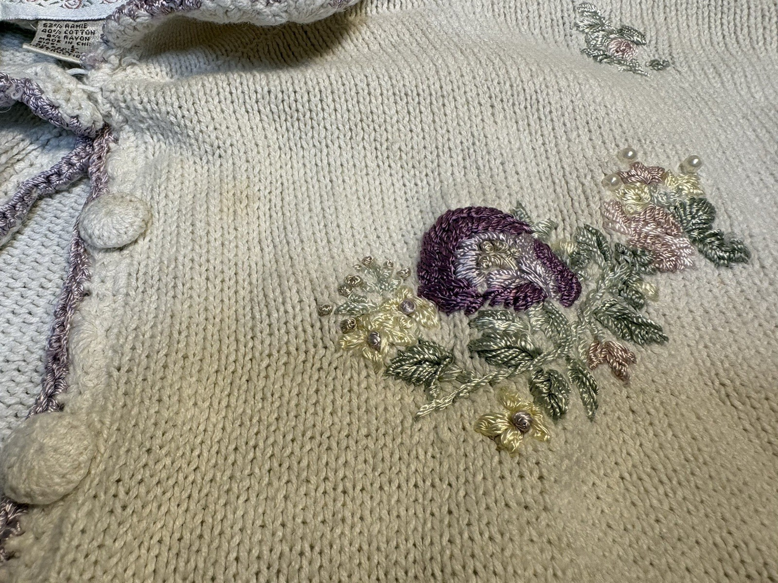 Vintage 90s Jenny White Knit Cardigan Purple Floral Embroid Grannycore Women’s L