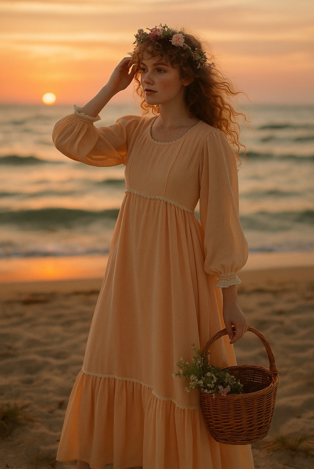VTG Romantic Cottagecore Fairycore Boho Prairie Dress White Trim Peach Sz XS-S